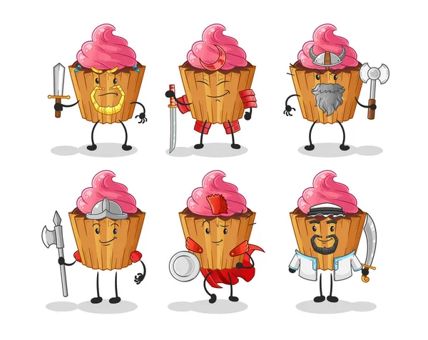 Cupcake Warrior Group Character Cartoon Mascot Vector — Vetor de Stock