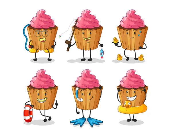 Cupcake Water Activity Group Cartoon Mascot Vector — Vetor de Stock