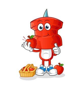 push pin head cartoon eating an apple illustration. character vector