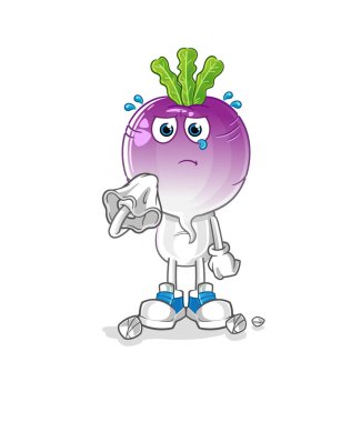 turnip head cartoon cry with a tissue. cartoon mascot vector