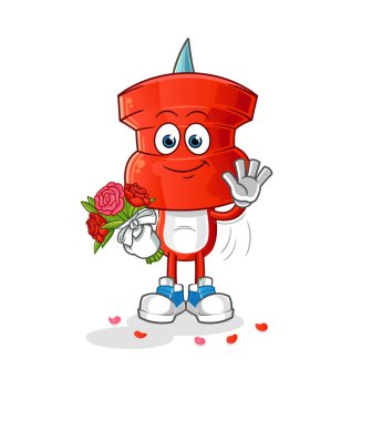 push pin head cartoon with bouquet mascot. cartoon vector