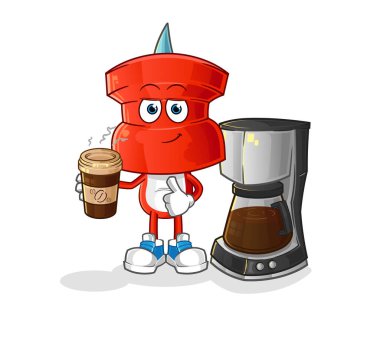 push pin head cartoon drinking coffee illustration. character vector