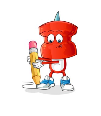 push pin head cartoon write with pencil. cartoon mascot vector