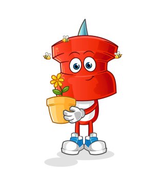 push pin head cartoon with a flower pot. character vector