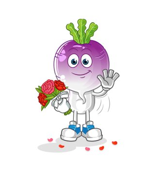 turnip head cartoon with bouquet mascot. cartoon vector