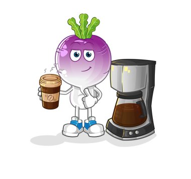 turnip head cartoon drinking coffee illustration. character vector