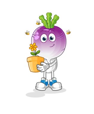 turnip head cartoon with a flower pot. character vector