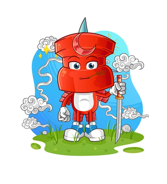 Push Pin Head Cartoon Samurai Cartoon Mascot Vector — Stockvector