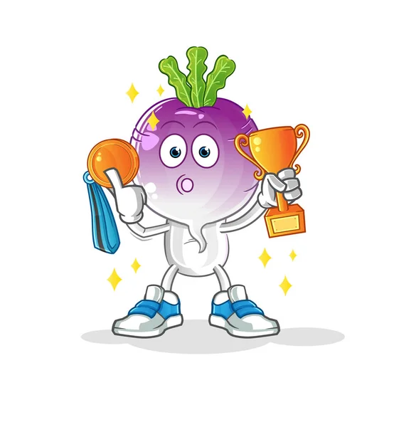 Turnip Head Cartoon Winner Trophie Cartoon Character — Stock Vector