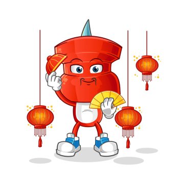 push pin head cartoon Chinese with lanterns illustration. character vector