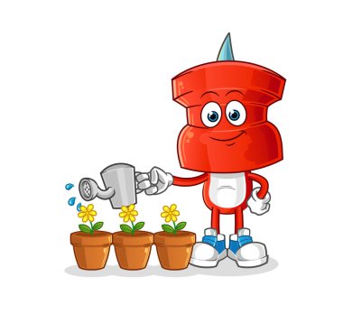 push pin head cartoon watering the flowers mascot. cartoon vector
