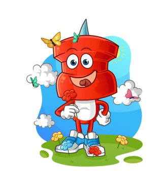 push pin head cartoon pick flowers in spring. character vector