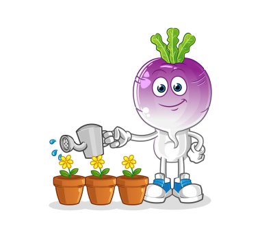turnip head cartoon watering the flowers mascot. cartoon vector