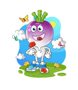 turnip head cartoon pick flowers in spring. character vector