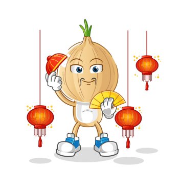 garlic head cartoon Chinese with lanterns illustration. character vector