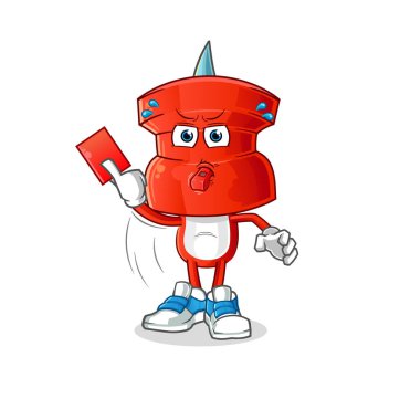 push pin head cartoon referee with red card illustration. character vector
