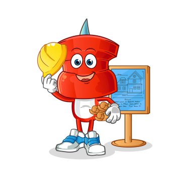 push pin head cartoon Architect illustration. character vector