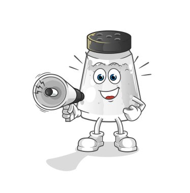 salt shaker holding hand loudspeakers vector. cartoon character