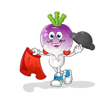 turnip head cartoon matador with red cloth illustration. character vector