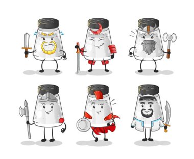 salt shaker warrior group character. cartoon mascot vector