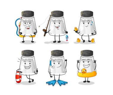 salt shaker water activity group. cartoon mascot vector