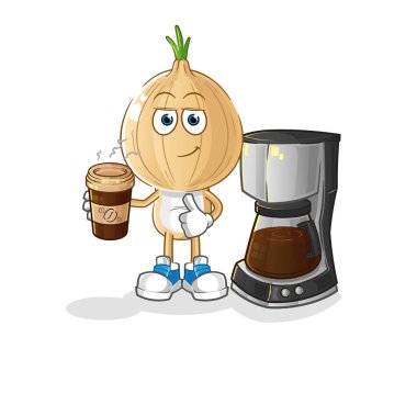 garlic head cartoon drinking coffee illustration. character vector