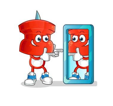 push pin head cartoon looking into mirror. cartoon mascot vector
