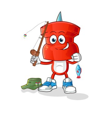 push pin head cartoon fisherman illustration. character vector
