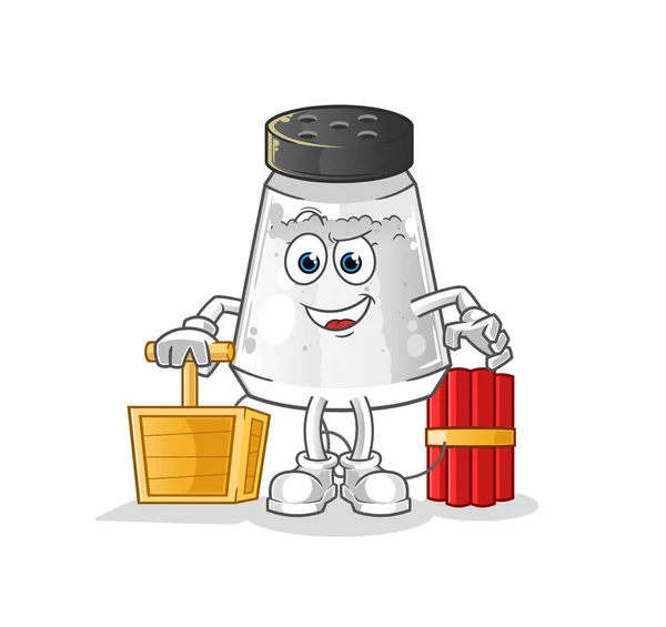 Salt Shaker Holding Dynamite Detonator Cartoon Mascot Vector — Stock Vector