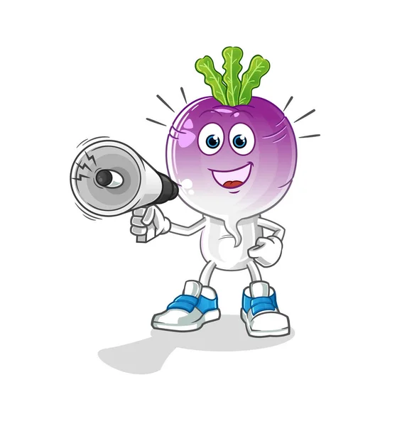 Turnip Head Cartoon Holding Hand Loudspeakers Vector Cartoon Character — Stock Vector