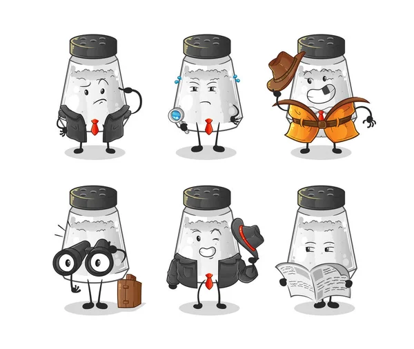 Zout Shaker Detective Groepskarakter Tekenfilm Mascotte Vector — Stockvector