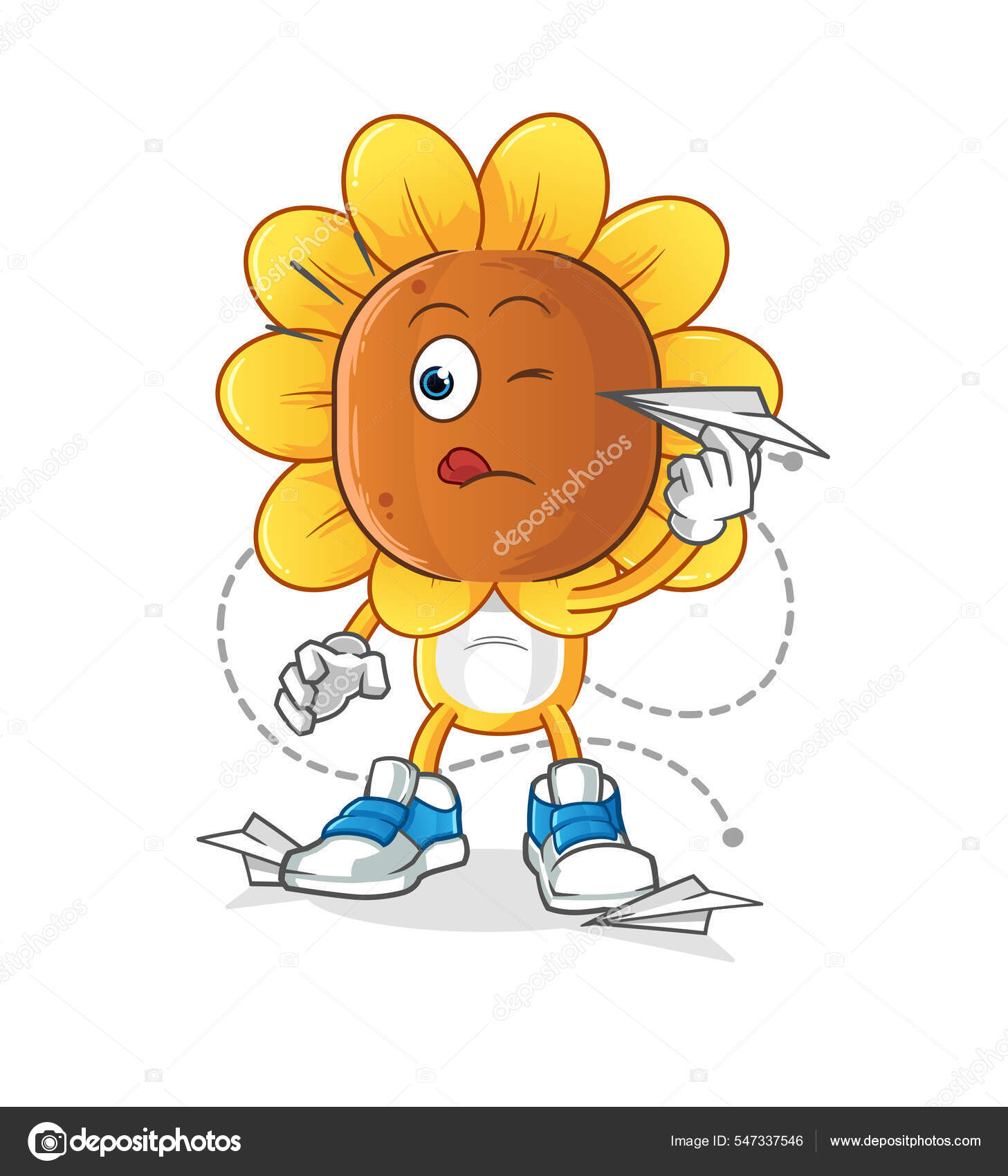 Sunflower Head Cartoon Paper Plane Character Cartoon Vector Stock