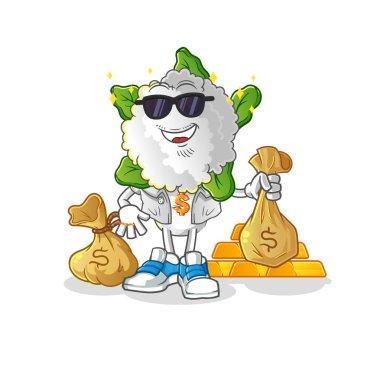 cauliflower head cartoon rich character. cartoon mascot vector