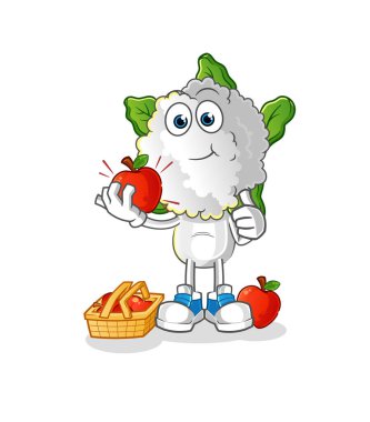 cauliflower head cartoon eating an apple illustration. character vector