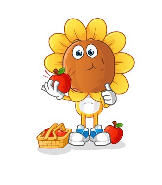 sunflower head cartoon eating an apple illustration. character vector