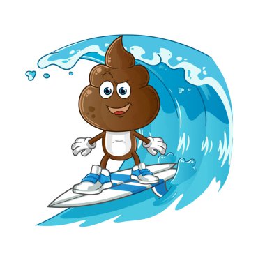 human shit head cartoon surfing character. cartoon mascot vector