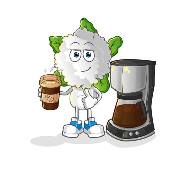 cauliflower head cartoon drinking coffee illustration. character vector