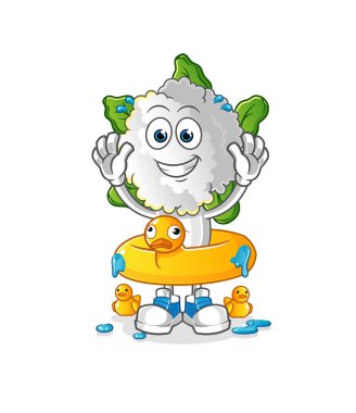 cauliflower head cartoon with duck buoy. cartoon mascot vector