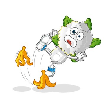 cauliflower head cartoon slipped on banana. cartoon mascot vector