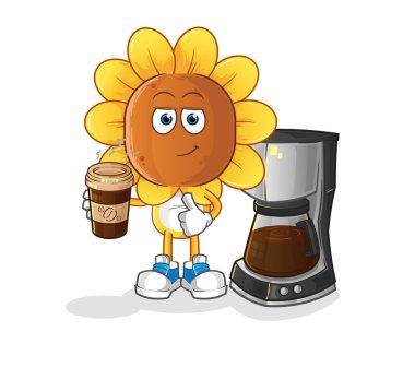 sunflower head cartoon drinking coffee illustration. character vector