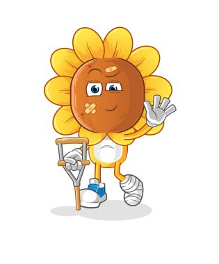 sunflower head cartoon sick with limping stick. cartoon vector