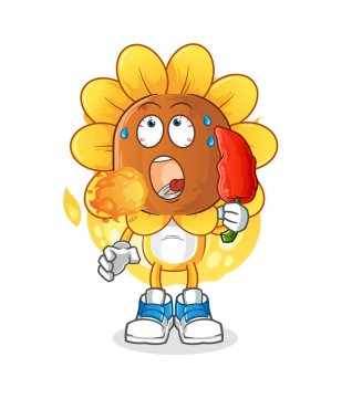 sunflower head cartoon eat hot chilie mascot. cartoon vector