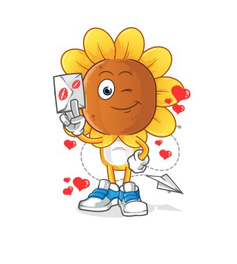 sunflower head cartoon hold love letter illustration. character vector