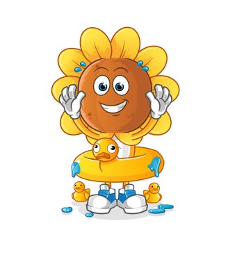 sunflower head cartoon with duck buoy. cartoon mascot vector