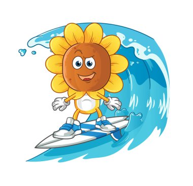 sunflower head cartoon surfing character. cartoon mascot vector