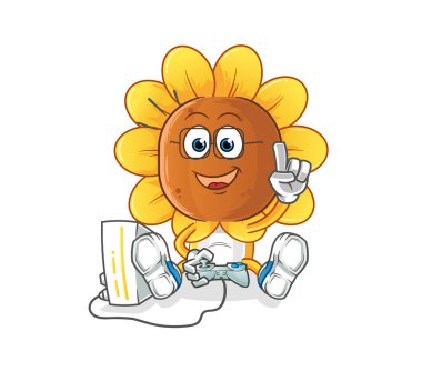 sunflower head cartoon playing video games. cartoon character