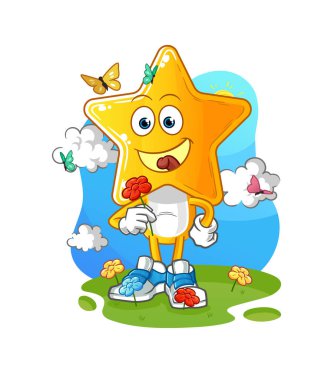 star head cartoon pick flowers in spring. character vector