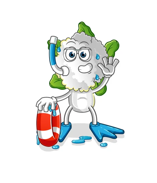 Cauliflower Head Cartoon Swimmer Buoy Mascot Cartoon Vector — Stock Vector