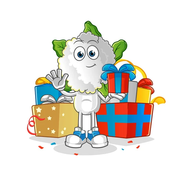 Cauliflower Head Cartoon Give Gifts Mascot Cartoon Vector — Stock Vector