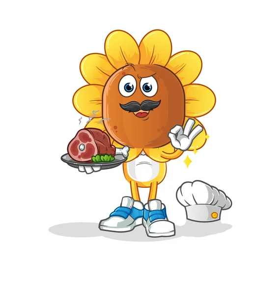 Sunflower Head Cartoon Chef Meat Mascot Cartoon Vector — ストックベクタ